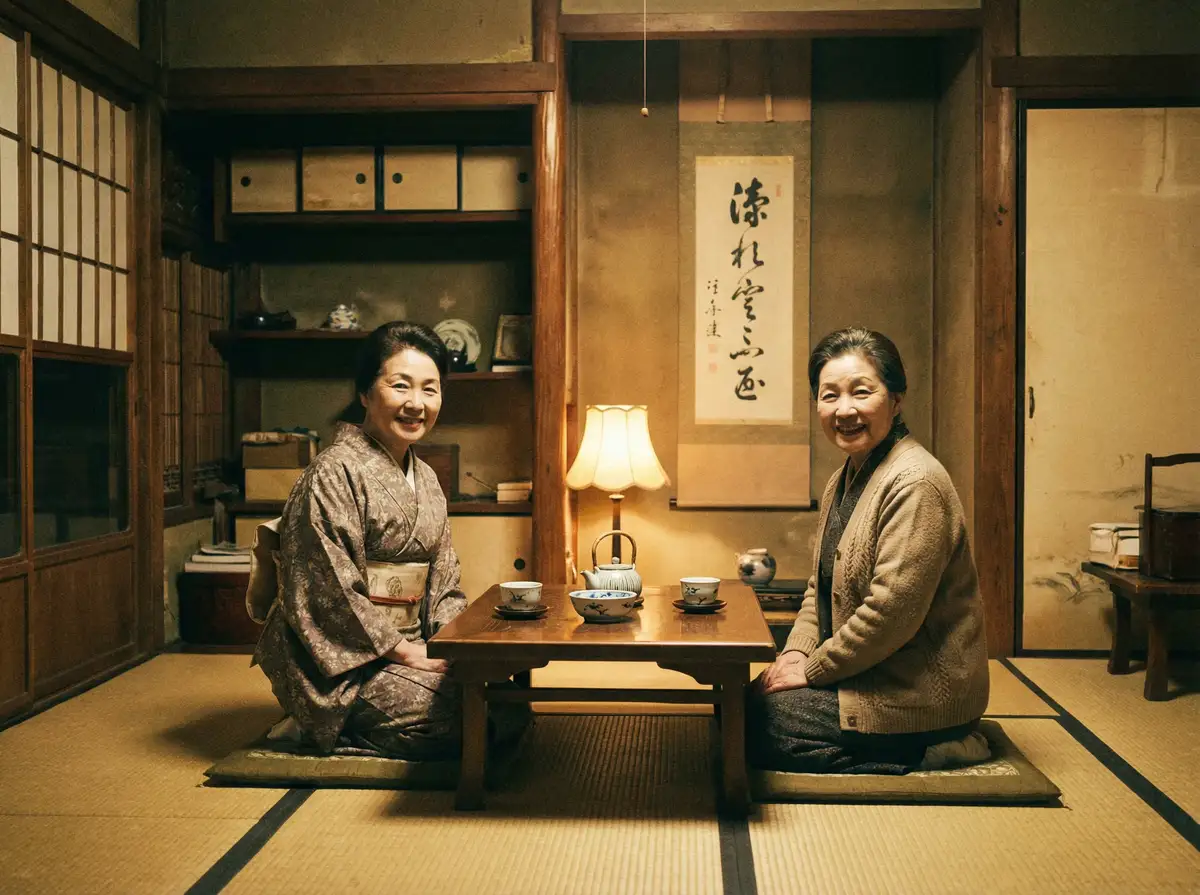 两位优雅的 彩神通网站 在日式茶室中品茶交谈